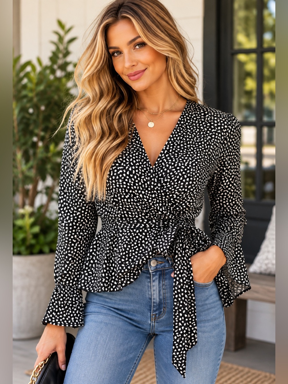GFLOCK COLLECTION Geometric Heart Print True Wrap Long Sleeve Blouse Size US 6